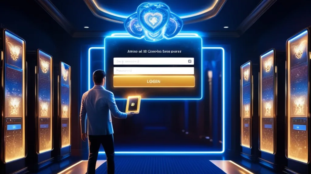 Speler bij een gloeiende Legionbet-loginpagina in een donkere casino-omgeving