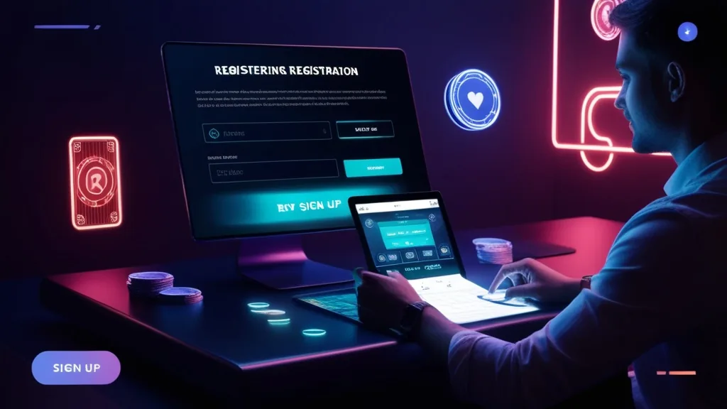 Nieuwe speler bij een registratieformulier in een donkere casino-sfeer
