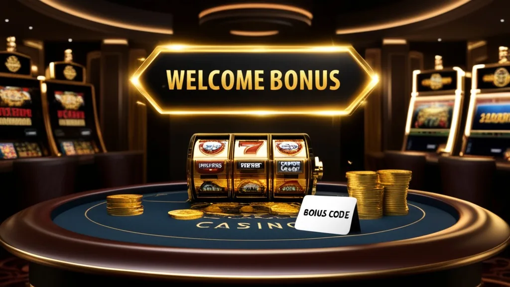 Casino met welkomstbonus, chips en een bonuscode in een donkere sfeer
